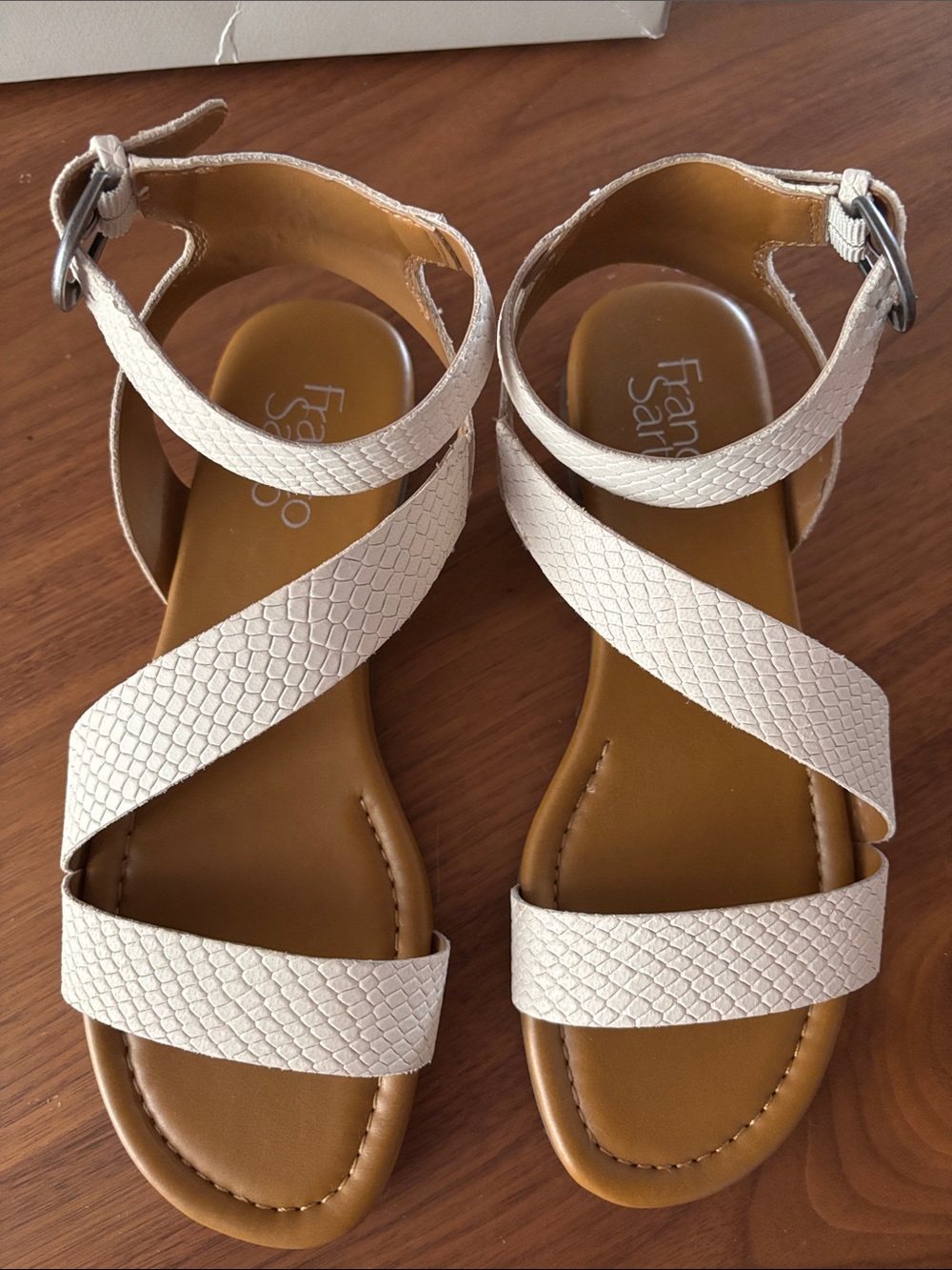 Franco Sarto Gustar Cream Textured Ankle-Strap Flat Sandals